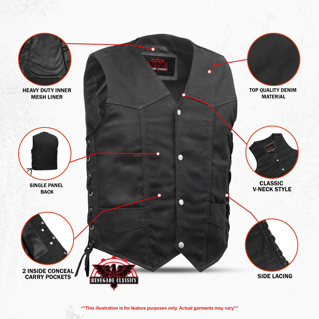 Men's Traditional Denim Motorcycle Vest with Side Laces – Smart Access Pockets