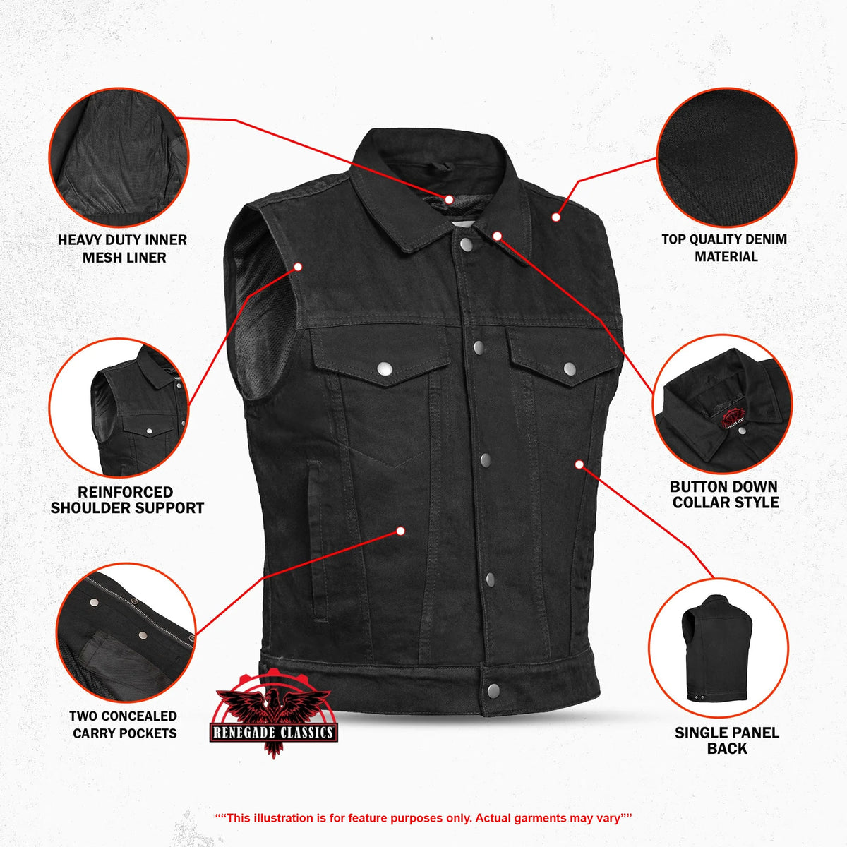 Snap Front Men's Denim Motorcycle Vest  - Black