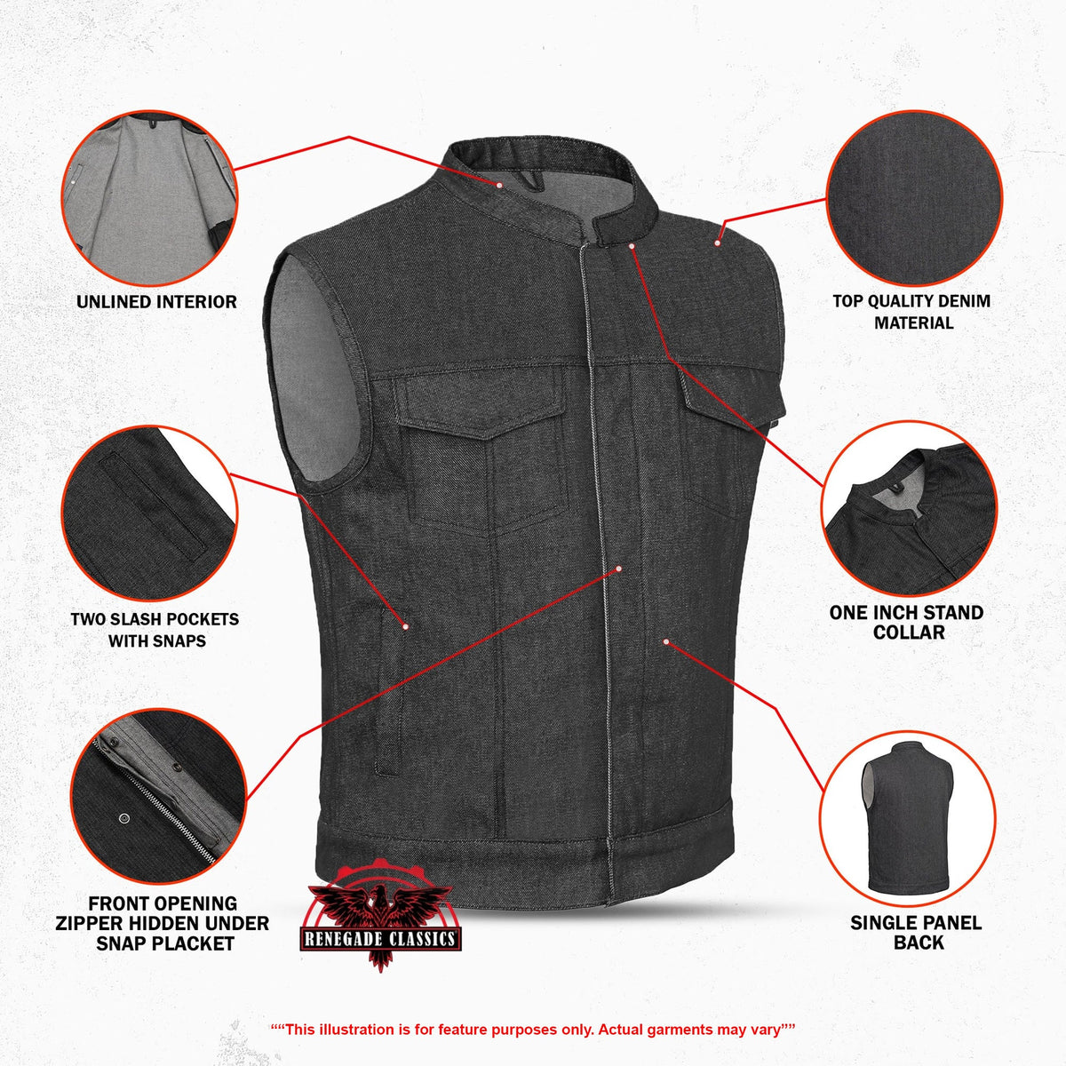 Men's Rough Rub-Off Raw Finish Motorcycle Denim Vest - Black