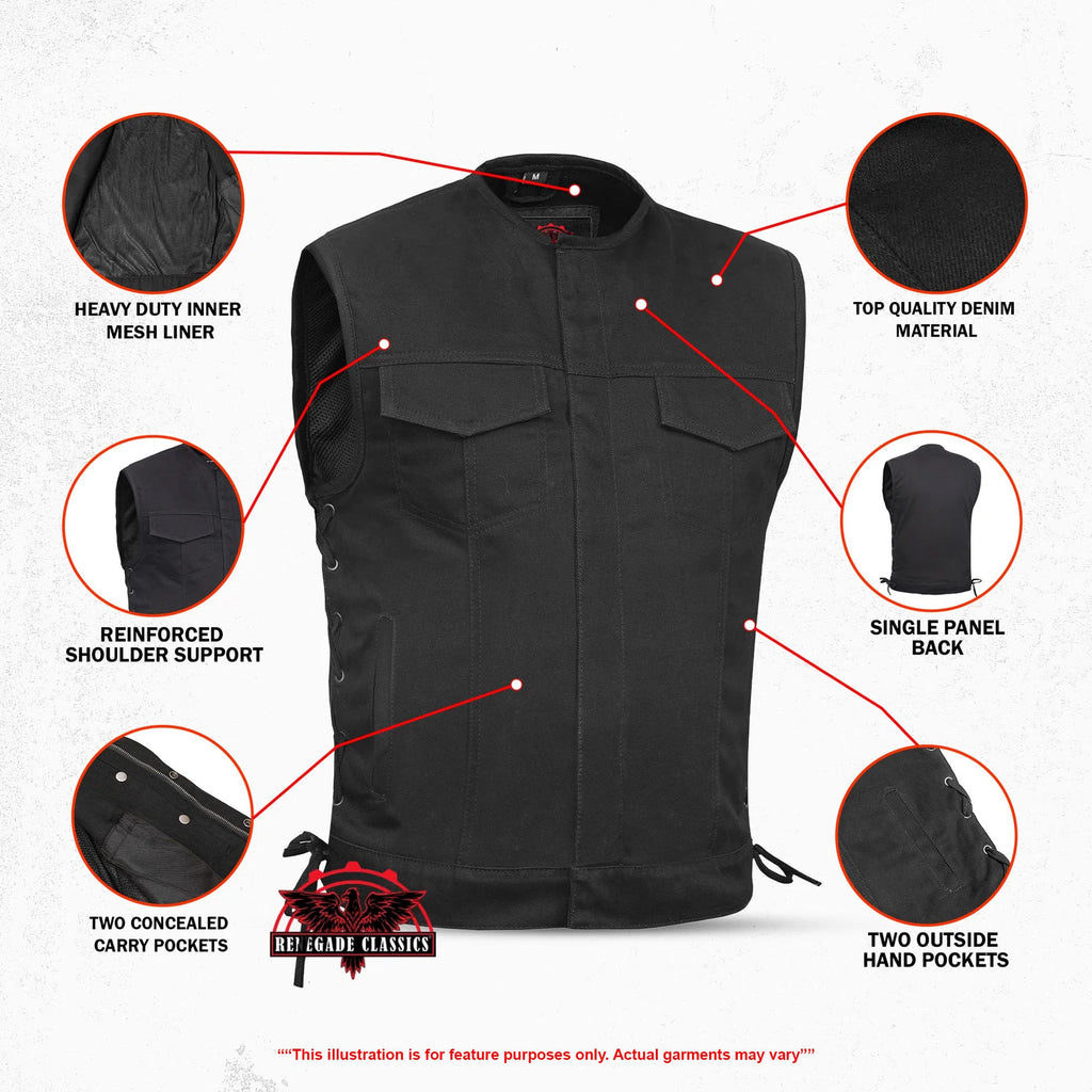 Men's Upgraded All-Black Denim Motorcycle Vest – Smart Access Pockets