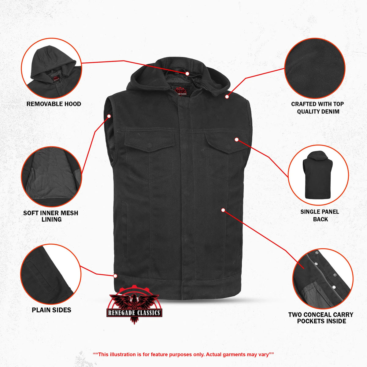Men's Black Denim Single Back Panel Concealment Vest w/Rem
