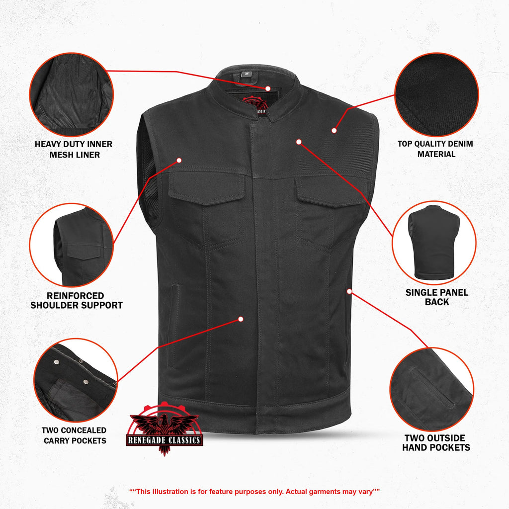 Weston Black Men's Denim Motorcycle Vest – Single Panel Back