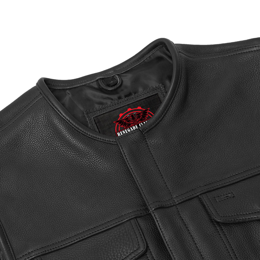 Men's Black Leather Motorcycle Vest with Upgraded Style