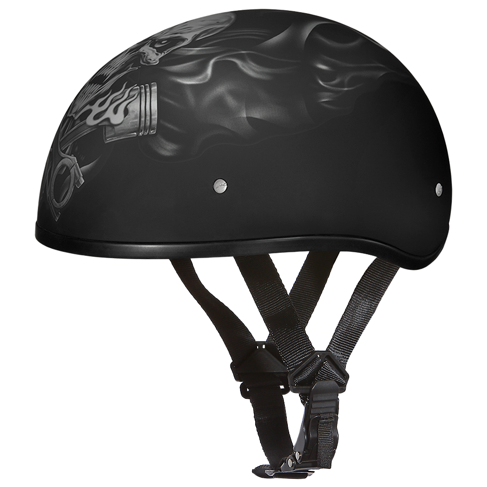 DOT Approved Daytona Motorcycle Half Face Helmet - Skull Cap Graphics for Men & Women, Scooters, ATVs, UTVs & Choppers - W/  Pistons Skull