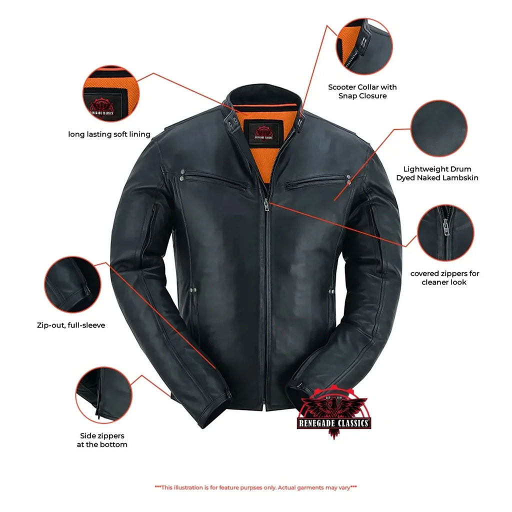 Men's Lightweight Drum Dyed Naked Lambskin Jacket - Black