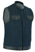Women's Broken Blue Rough Rub-Off Raw Finish Denim Vest W/Leath