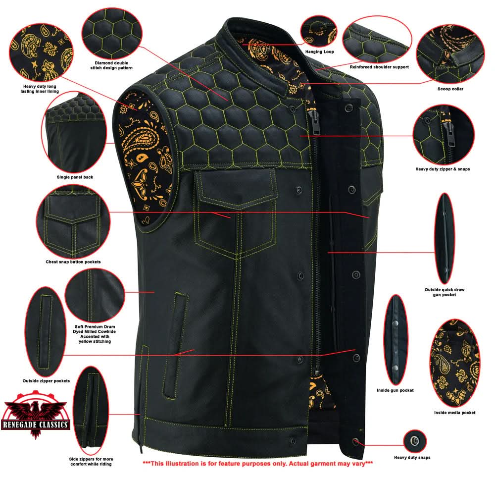 Men's Gold Rush Black Leather Vest - Yellow Stitching