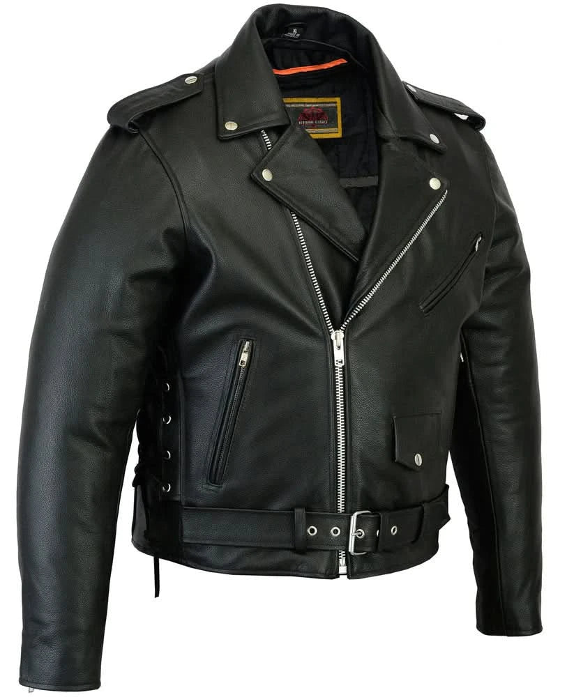 Men's Classic Side Lace Black Leather Motorcycle Jacket