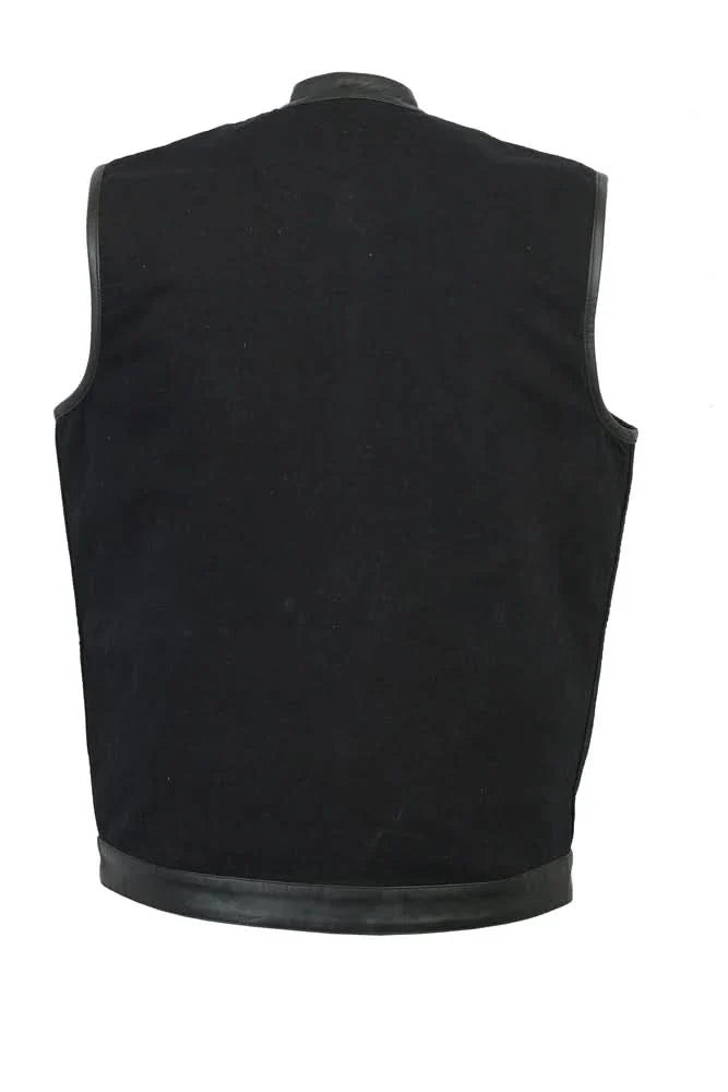 Men's Black Denim Single Panel Concealment Vest W/Leather Trim-