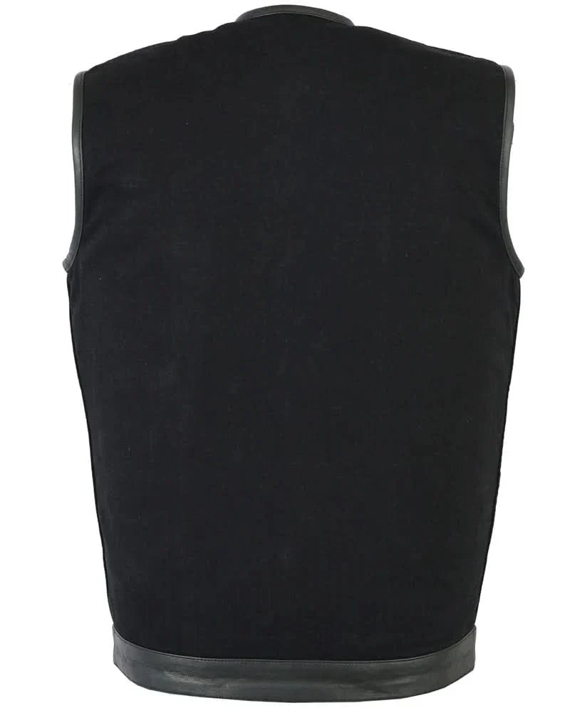 Men's Black Denim Single Panel Concealment Vest W/ Leather Trim
