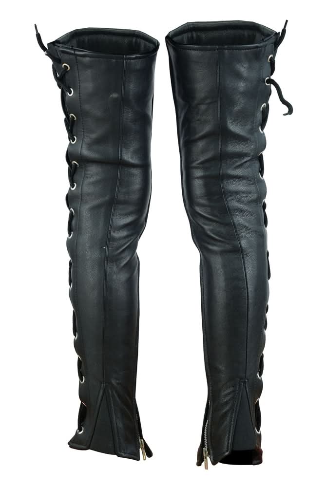 Women's Black Thigh High Leather Side Lace Leggings