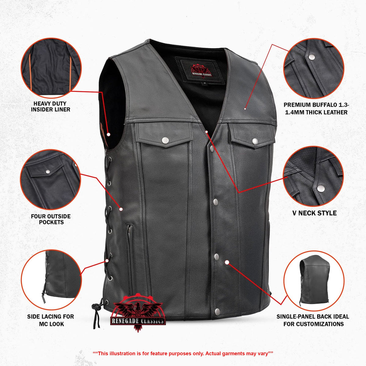 Men's Black Leather Vest with Side Laces and Smart Access Pockets